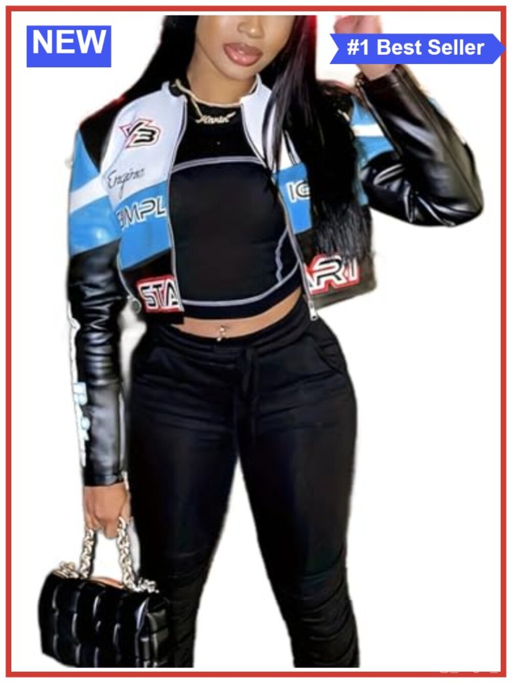 Women's PU Leather Moto Jacket Long Sleeve Faux Leather Crop Coat